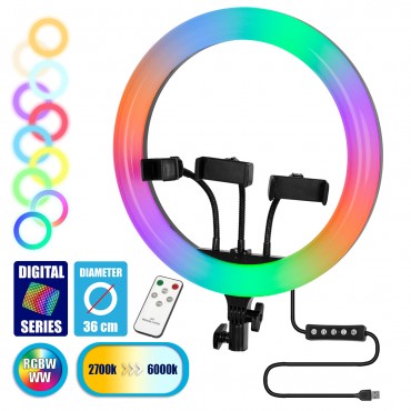 GloboStar® 75803 Professional Digital Ring Light Φ36cm LED SMD 50W 5000lm 180° DC 5V με Καλώδιο Τροφοδοσίας USB - Ενσωματωμένο και Ασύρματο Χειριστήριο RF 2.4Ghz Εναλλαγής Χρωμάτων & 3 Βάσεις Τηλεφώνου - Πολύχρωμο RGBW+WW Dimmable