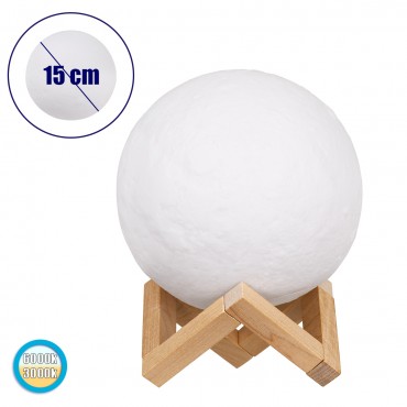 GloboStar® MOON 79605 Επιτραπέζιο Ανάγλυφο Διακοσμητικό Φωτιστικό Φ15cm 3D MOON LIGHT LED 3.7W DC 5V με Ενσωματωμένη Μπαταρία 500mAh Li-ion Επαναφορτιζόμενο - Καλώδιο Τροφοδοσίας USB και Διακόπτη Αφής CCT Θερμό Λευκό 3000K - Ψυχρό Λευκό 600